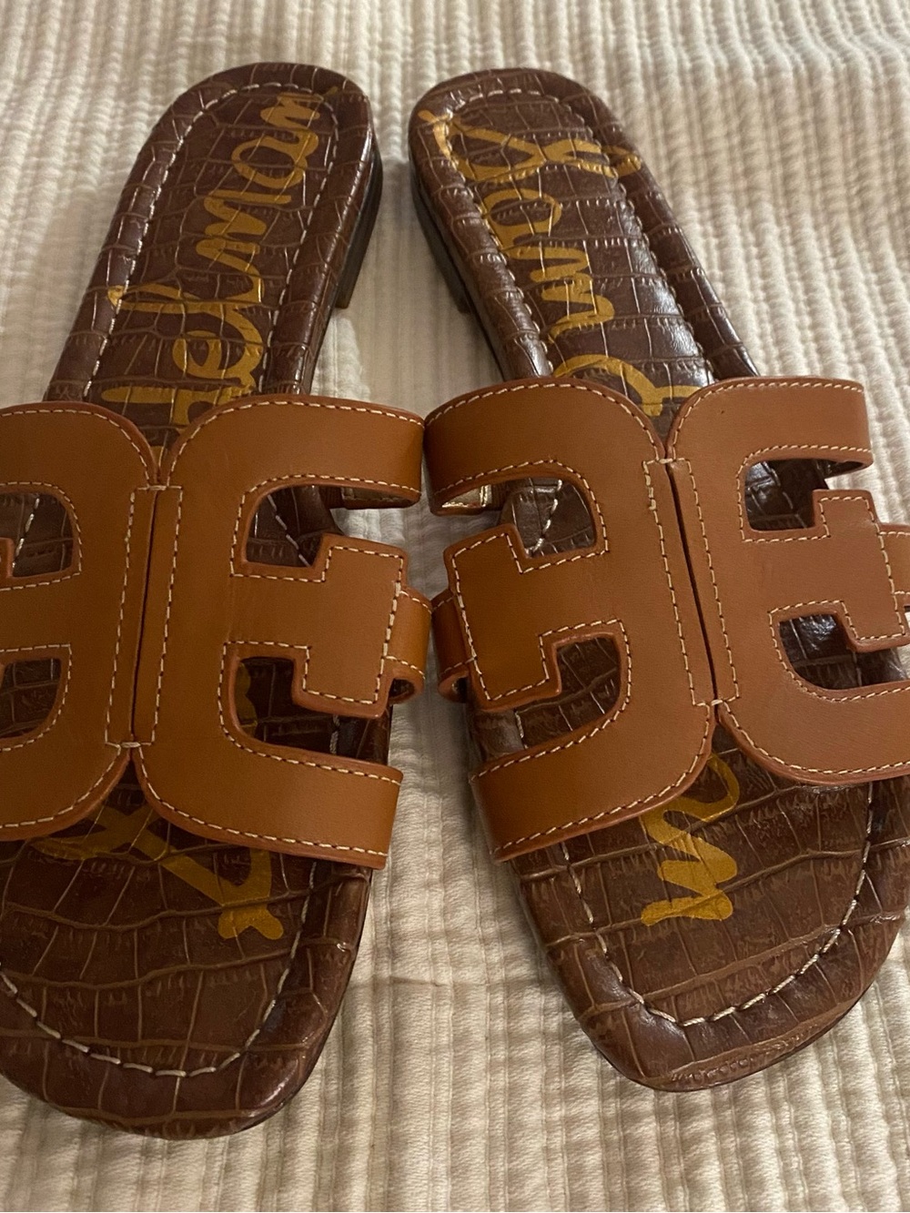 Sam Edelman Tan and Brown Leather Slide Sandals